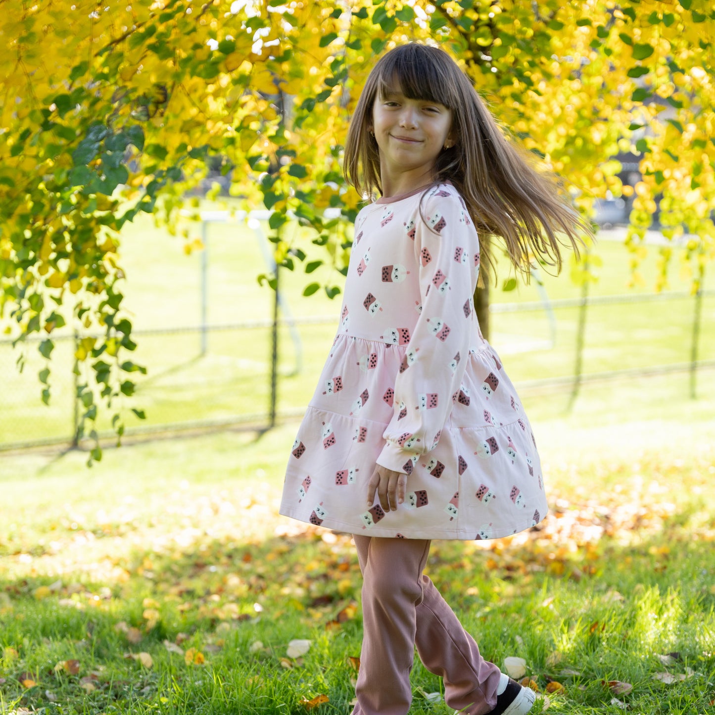 Bamboo Fleece Tiered Dress (Bubble Tea Time Print)