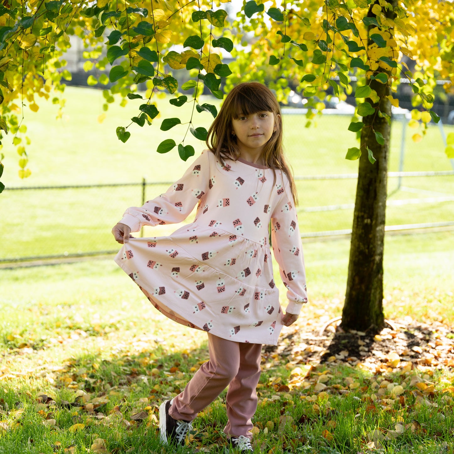 Bamboo Fleece Tiered Dress (Bubble Tea Time Print)