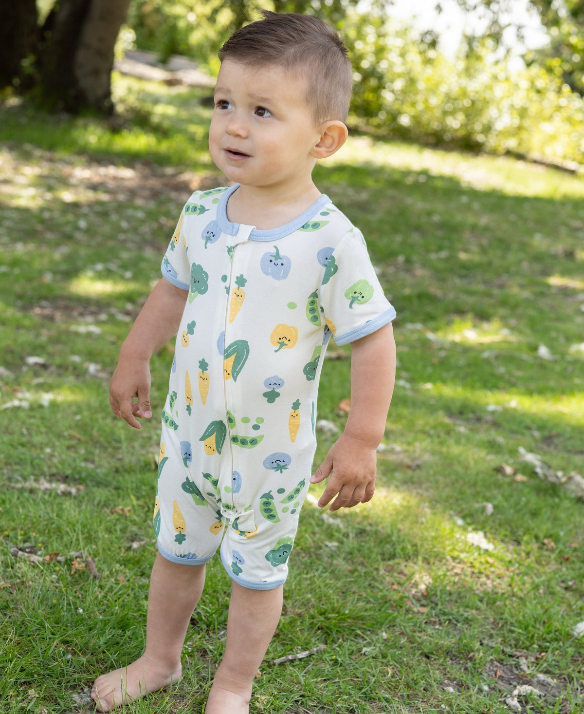 bamboo short sleeve zippy romper farmers market print