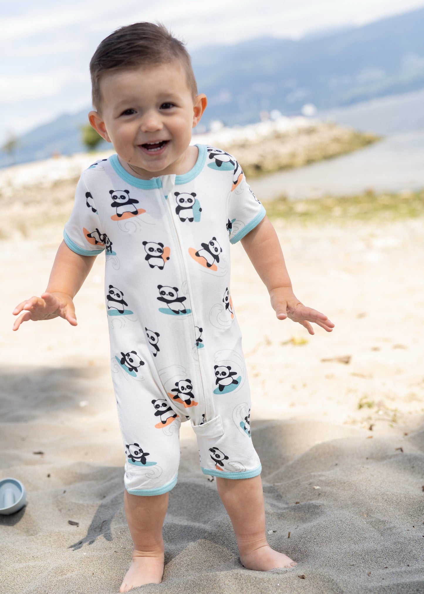 bamboo zippy romper surfs up panda print