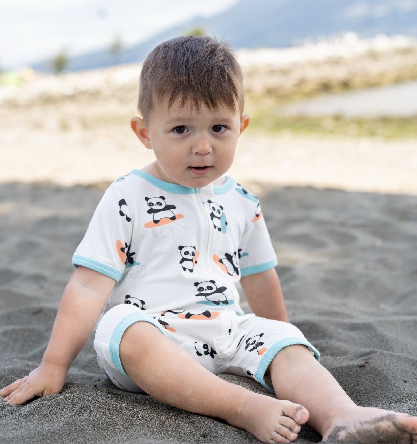 bamboo zippy romper surfs up panda print