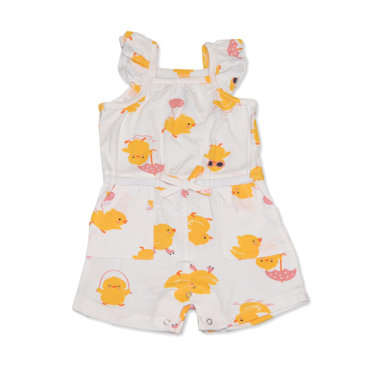 bamboo sleeveless ruffle romper little chick print