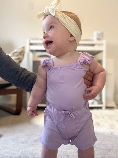 Bamboo Sleeveless Ruffle Romper (Lavender Bloom)