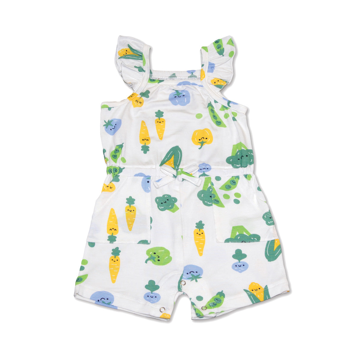 bamboo sleeveless ruffle romper farmers market print