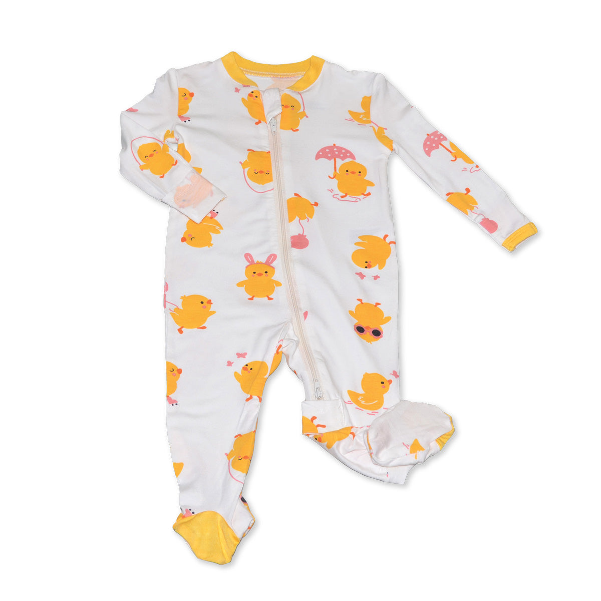 bamboo footies with two way zipper little chick print