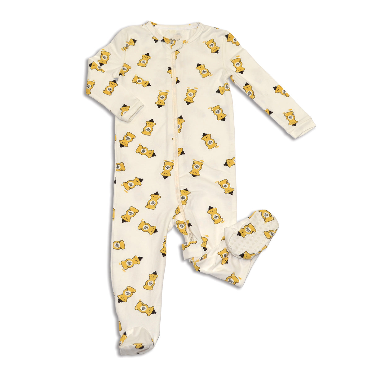 organic cotton zip up footies honey bear print