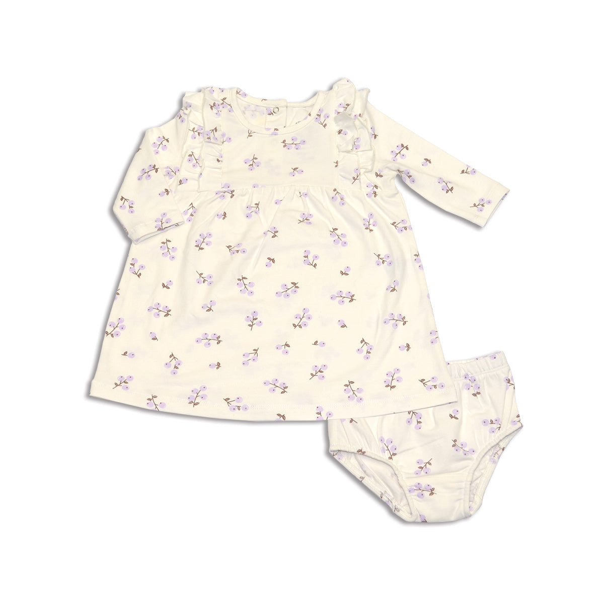 organic cotton ruffle dress with bloomer winter berries print