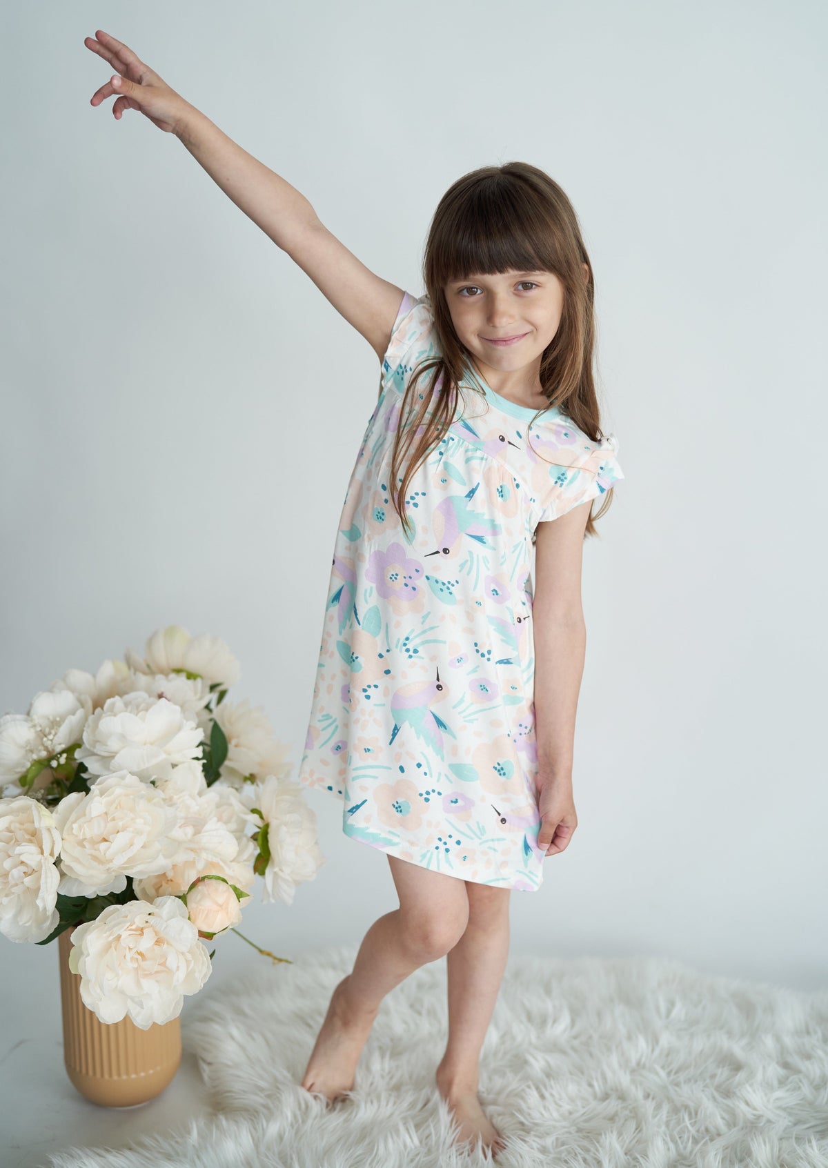 bamboo double sleeve ruffle dress hummingbird garden print