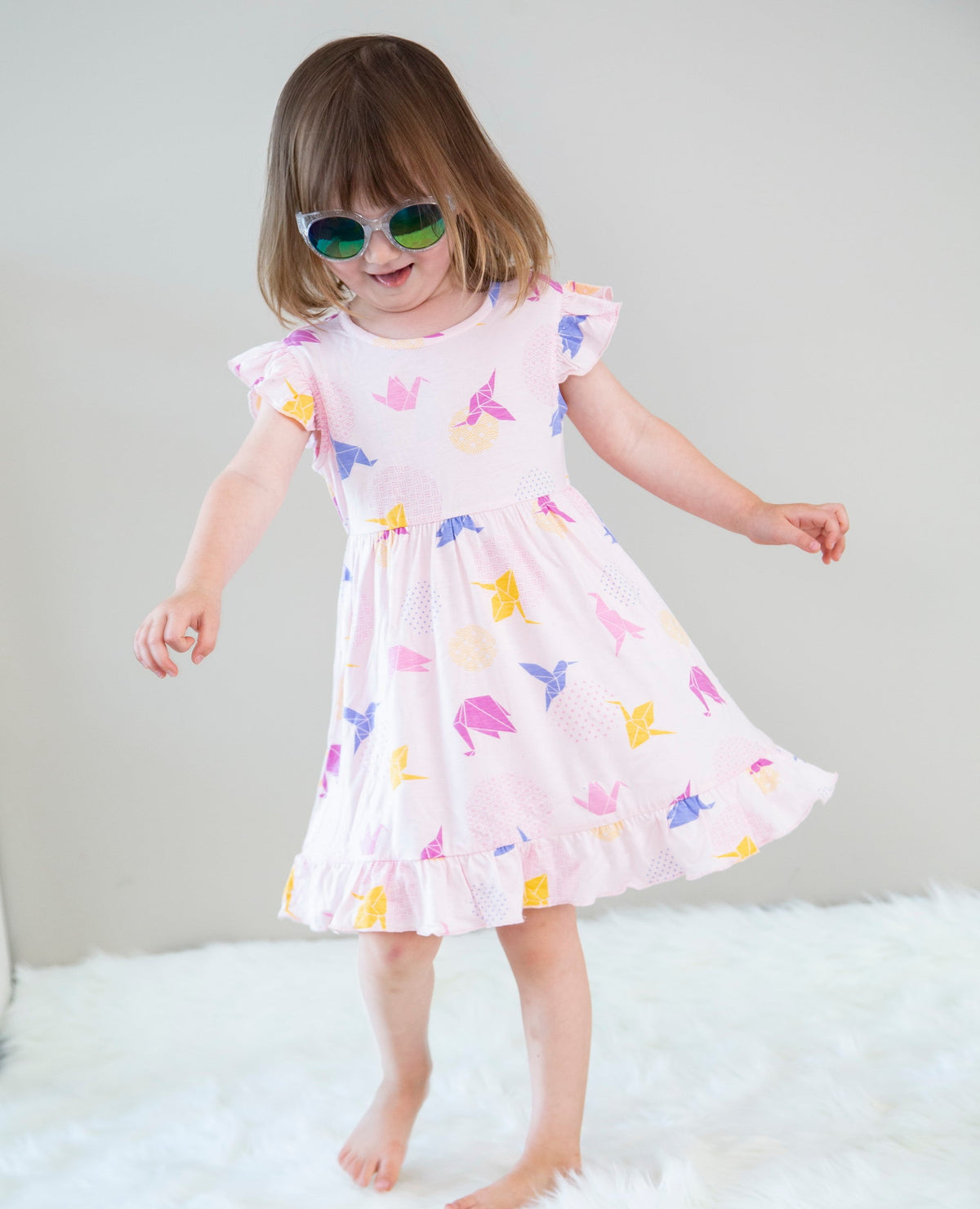 WF4361 bamboo ruffle dress origami print