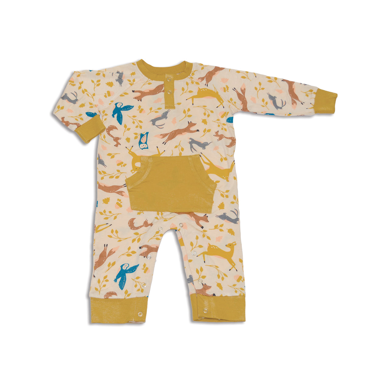 bamboo long sleeve romper with kangaroo pocket woodland frolic print