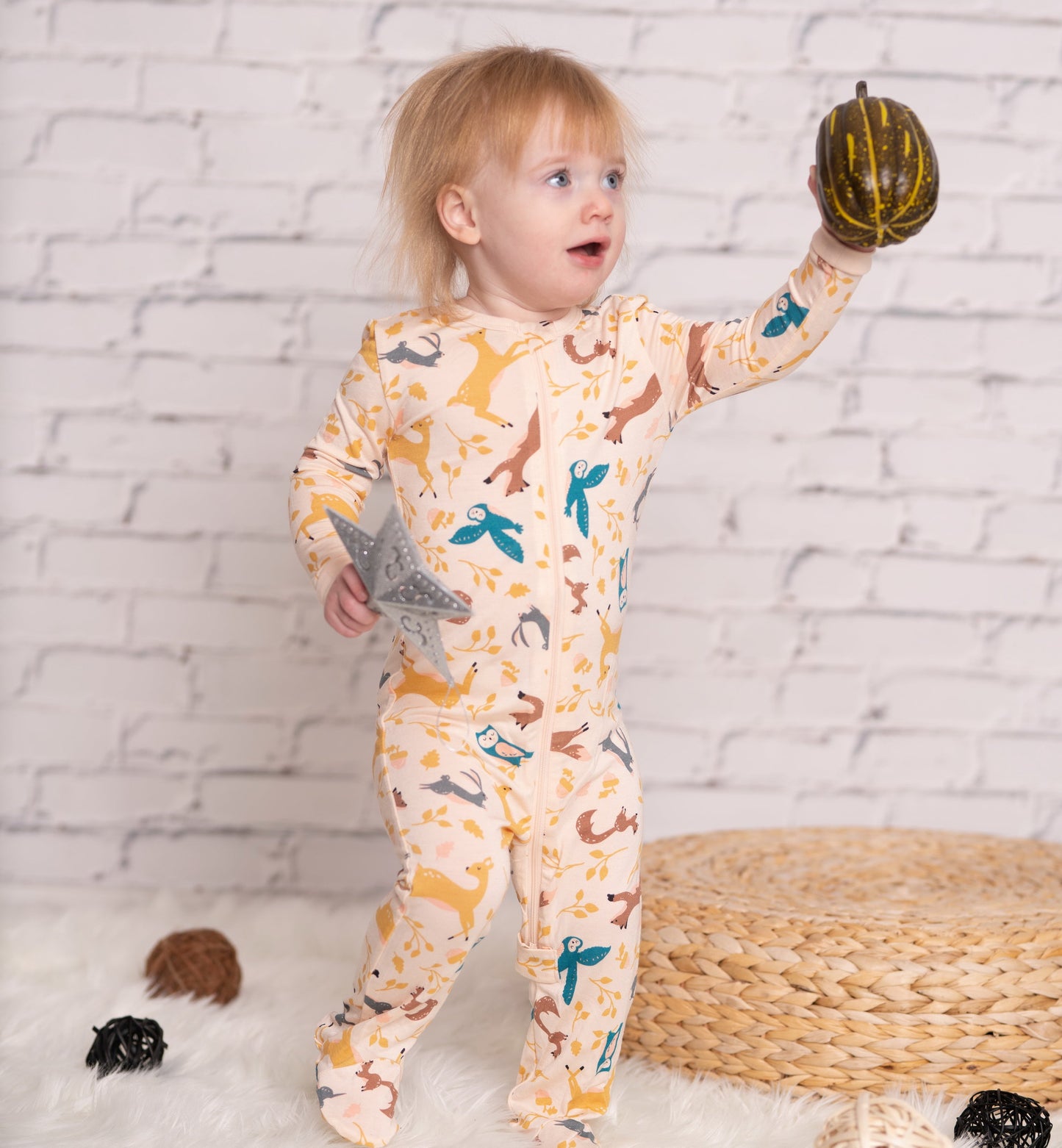 bamboo zip up footies woodland frolic print lifestyle