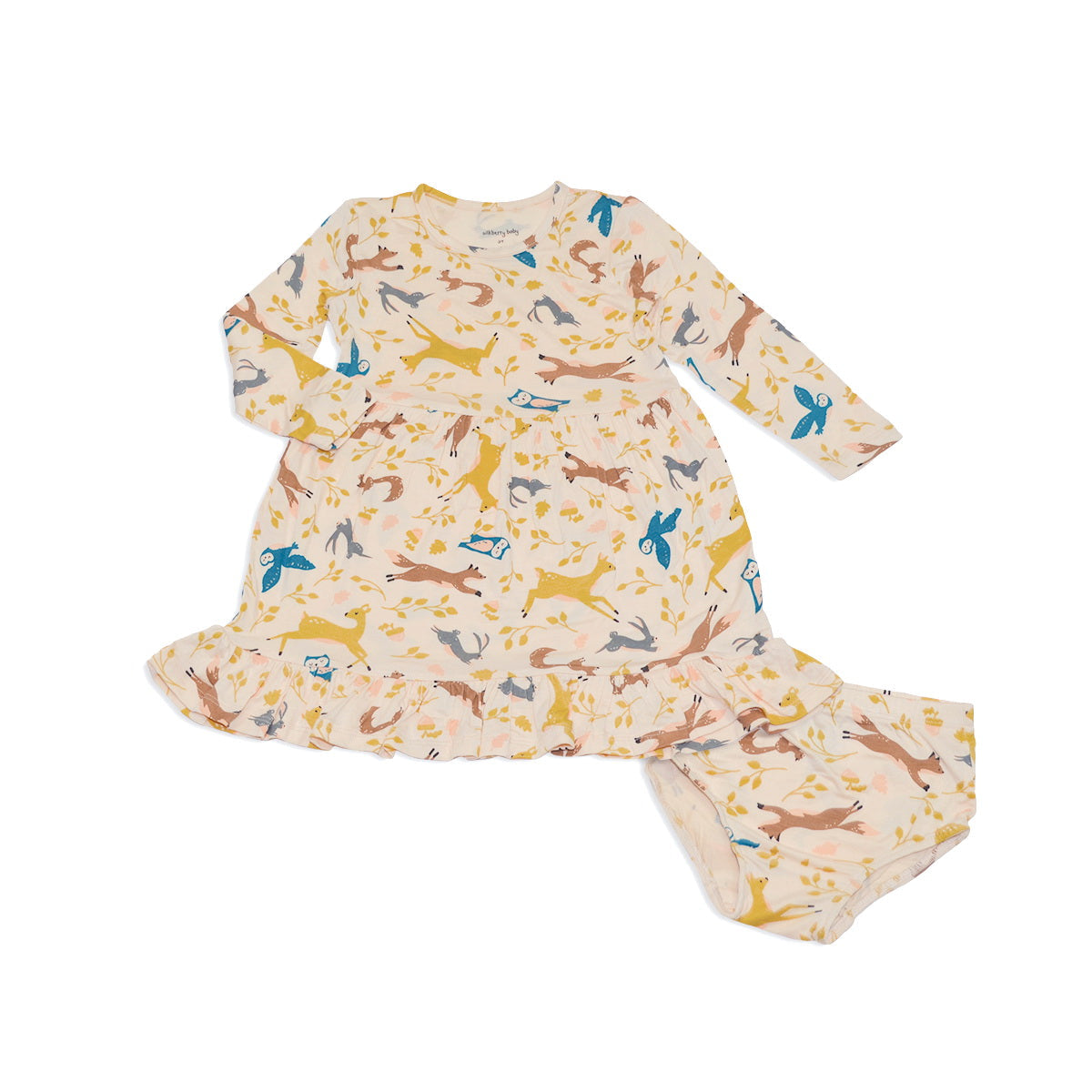 bamboo jersey dress with bloomer woodland frolic print