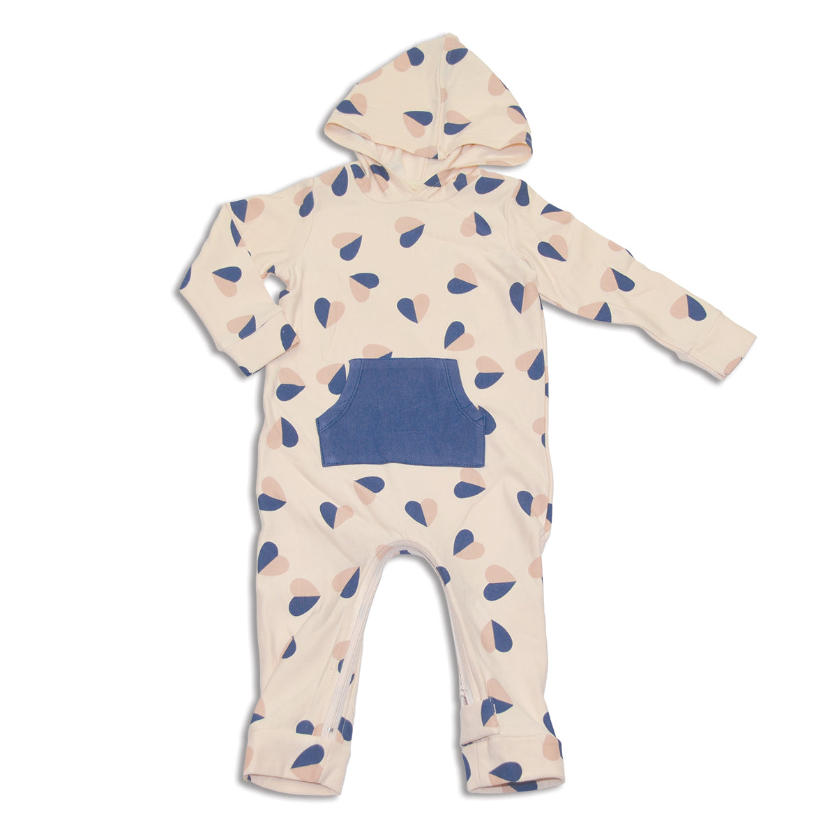 bamboo fleece hooded romper with zipper heart flutter print