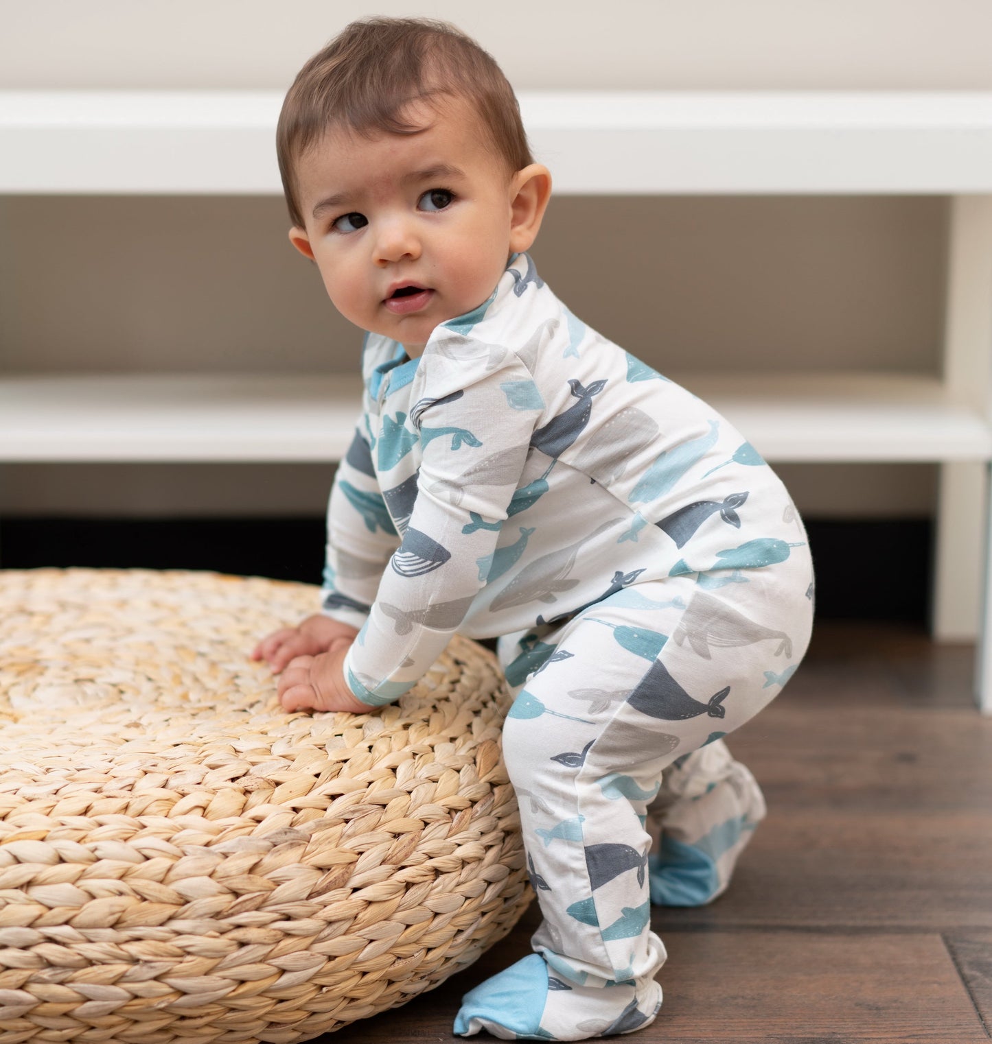 bamboo zip up footies whale print