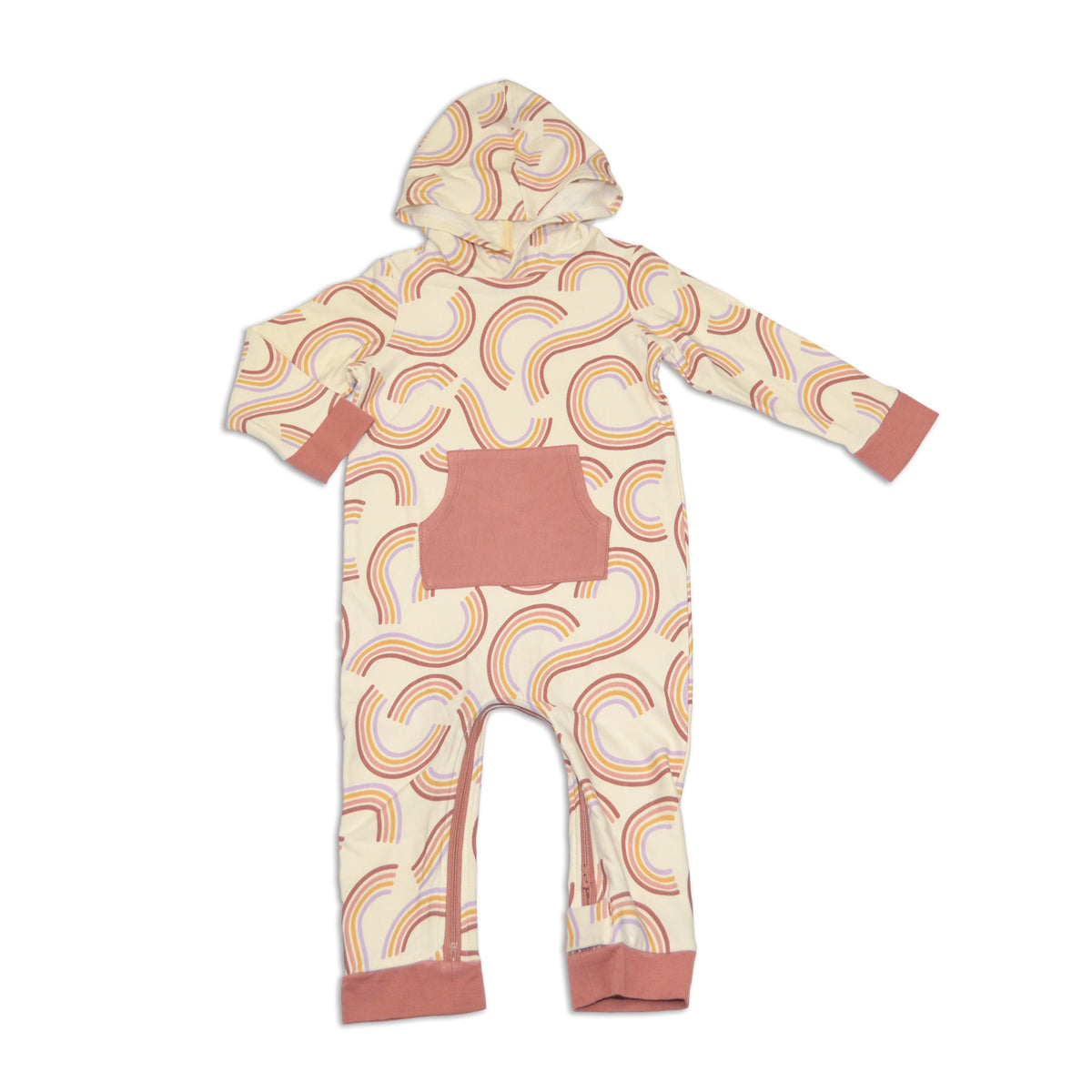bamboo fleece hooded romper rainbow twist print
