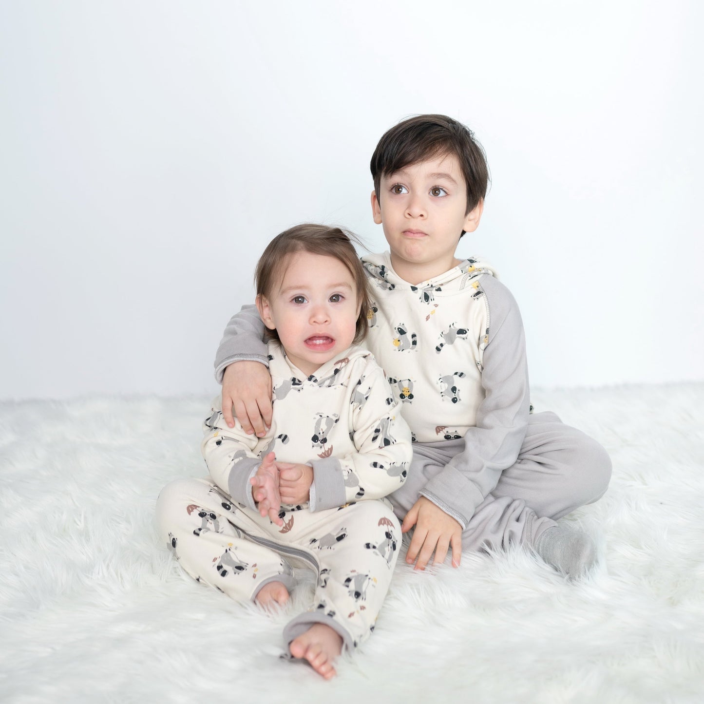 bamboo fleece hooded romper autumn raccoon print