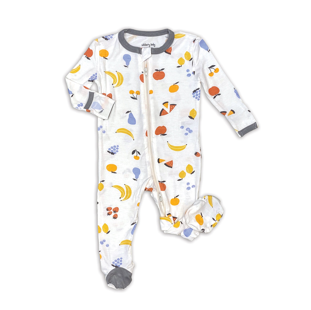 bamboo footies with two way zipper fruit salad print