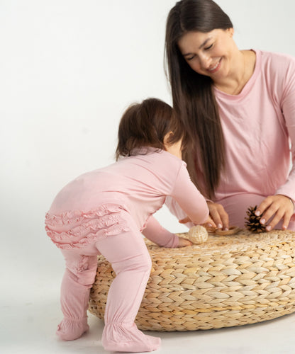 bamboo ruffle footies with two way zipper coral blush