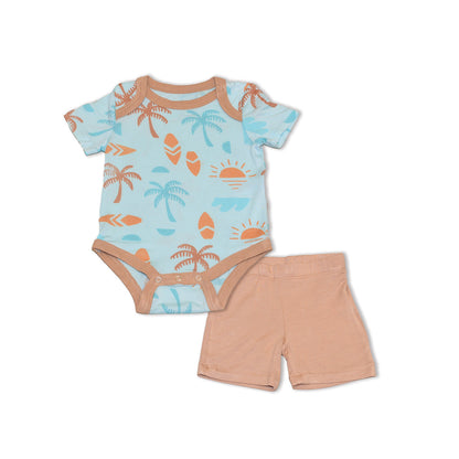 bamboo short sleeve onesie & short set ocean sunny shores print