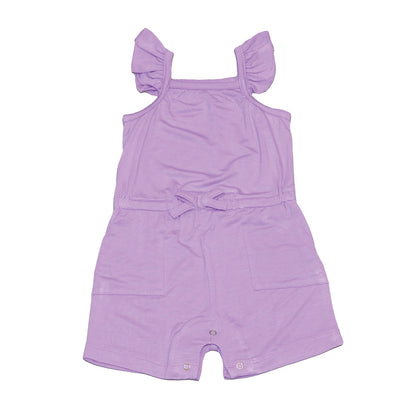 bamboo sleeveless ruffle romper lavender bloom