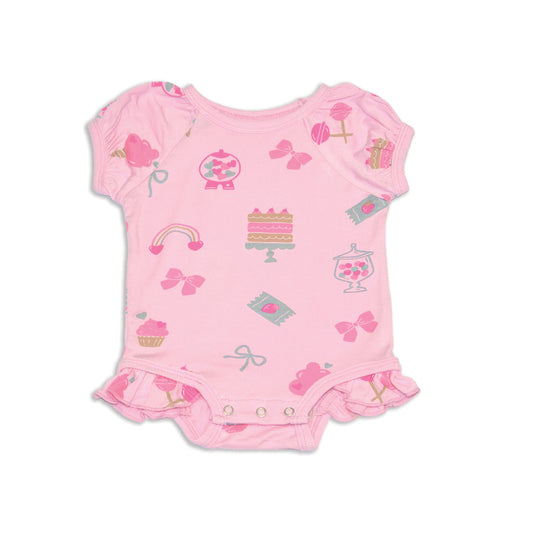bamboo ruffle onesie sweet shop print