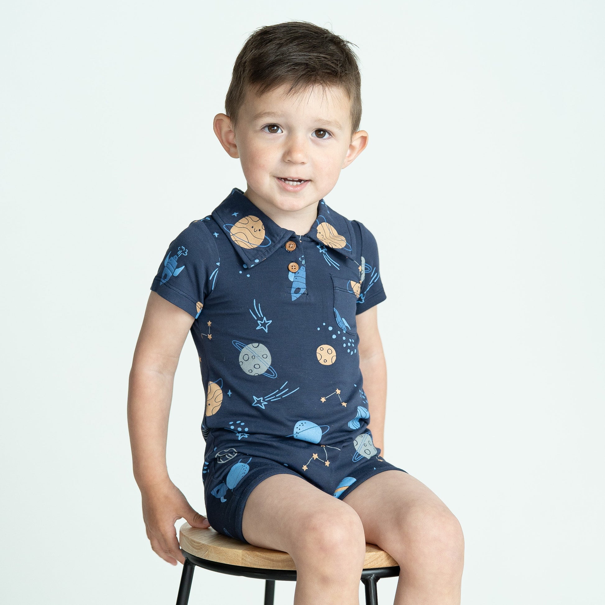 bamboo short sleeve polo romper lost in space print