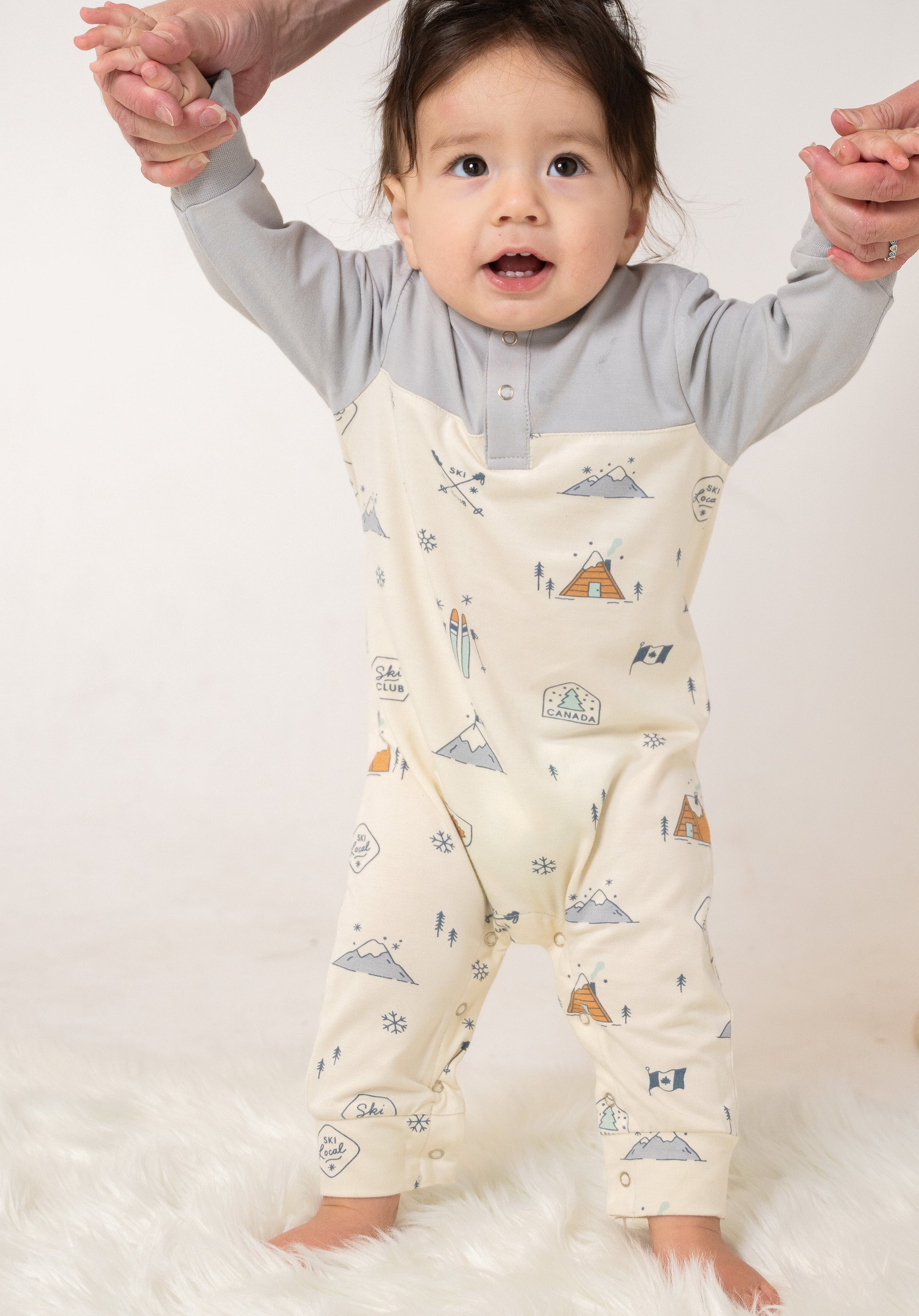 bamboo long sleeve romper ski club print