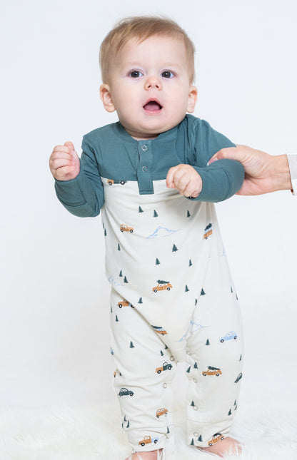 bamboo romper winter road trip print