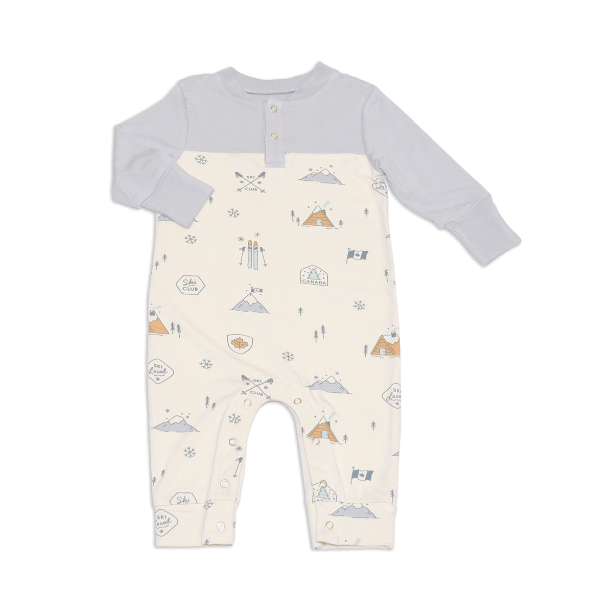 bamboo long sleeve romper ski club print