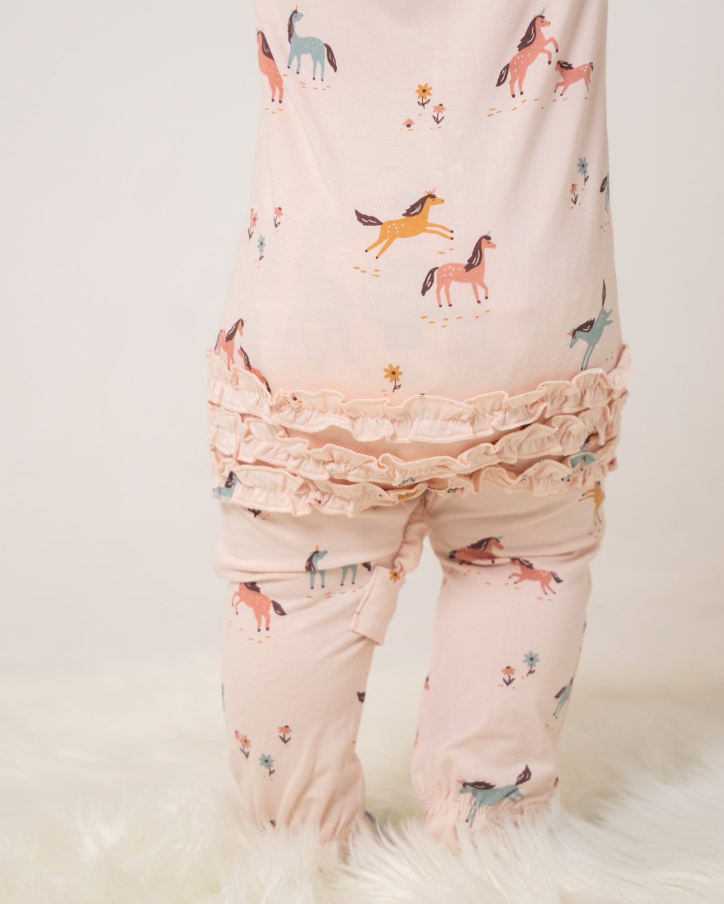 bamboo ruffle footies unicorn meadow print