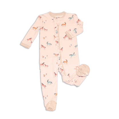 bamboo ruffle footies unicorn meadow print