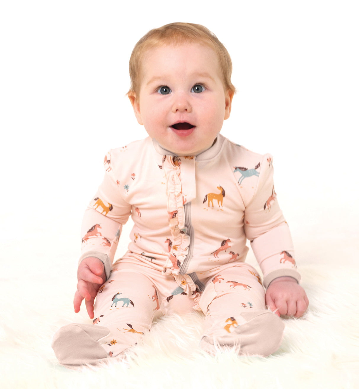 bamboo ruffle footies unicorn meadow print