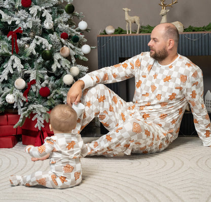 footed sleeper gingerbread party print