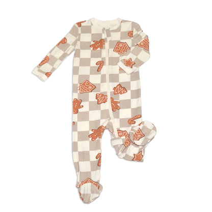 footed sleeper gingerbread party print