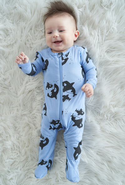bamboo footies with two way zipper orca print