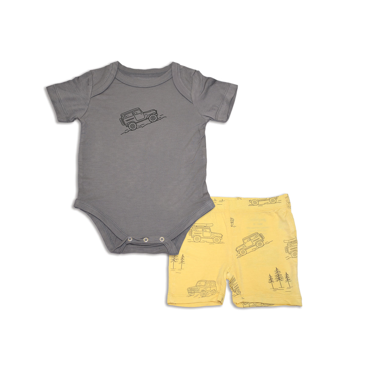 bamboo onesie short set stormy off road print