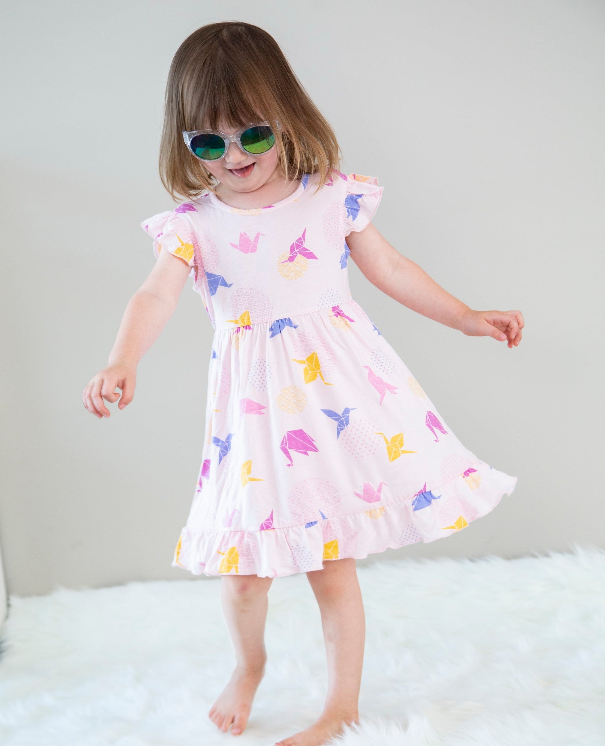 WF4361 bamboo ruffle dress origami print