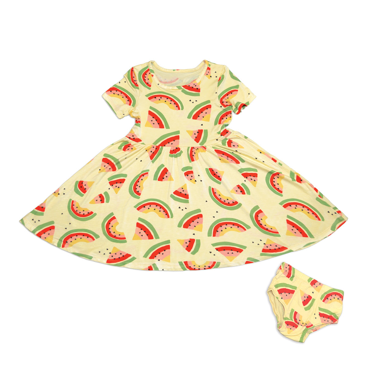 bamboo twirl dress watermelon rainbow print