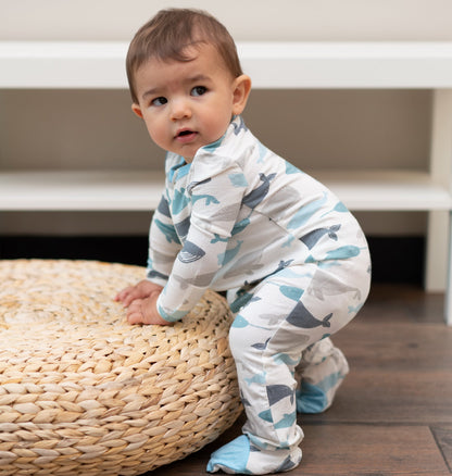 bamboo zip up footies whale print
