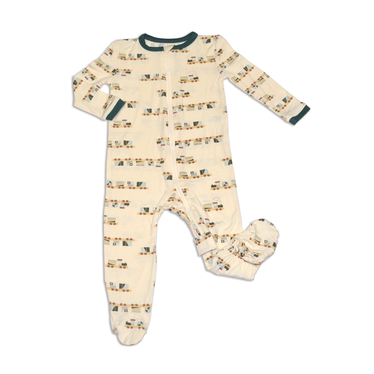 bamboo zip up footies all aboard print