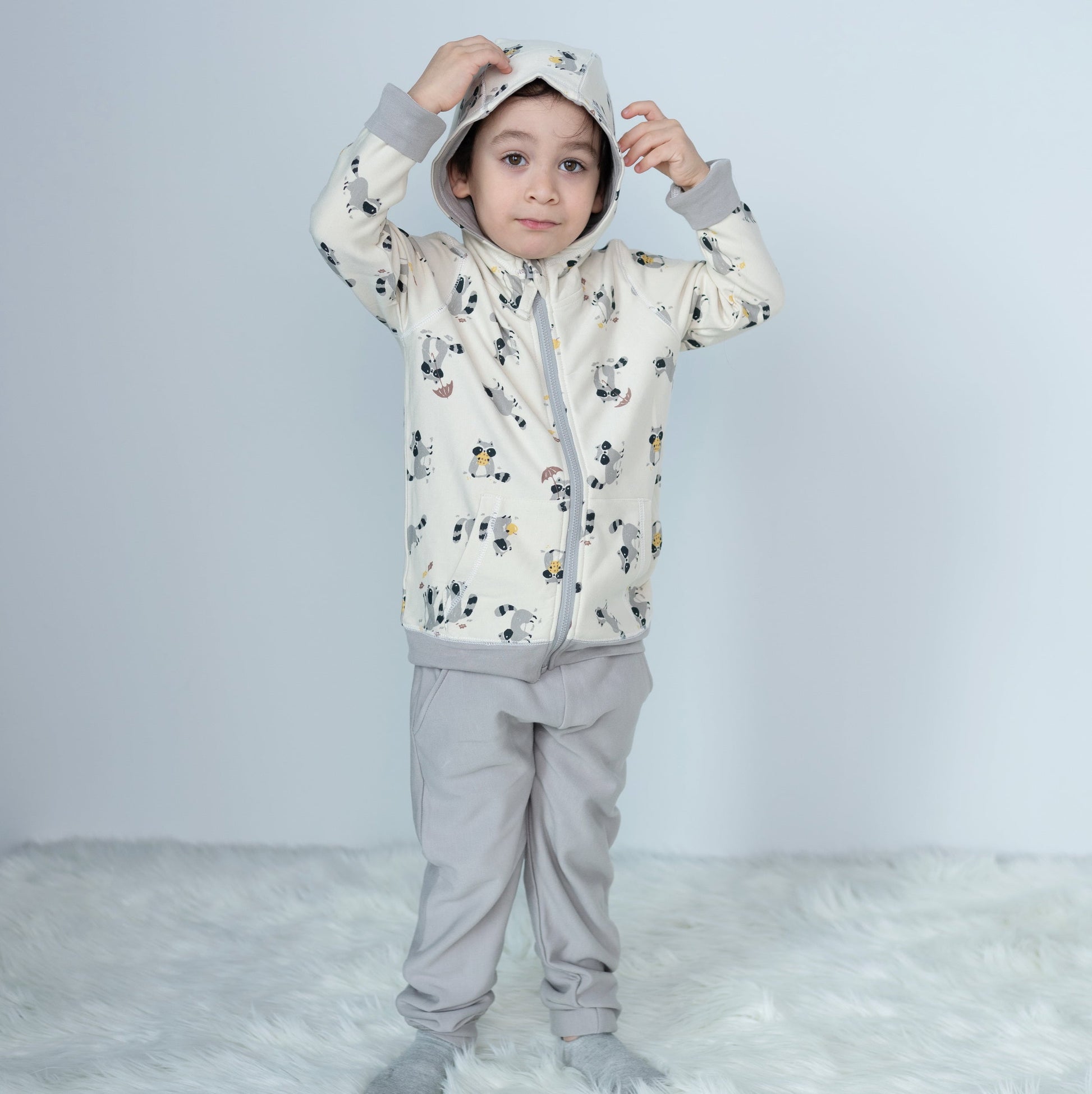 bamboo fleece zip hoodie autumn raccoon print