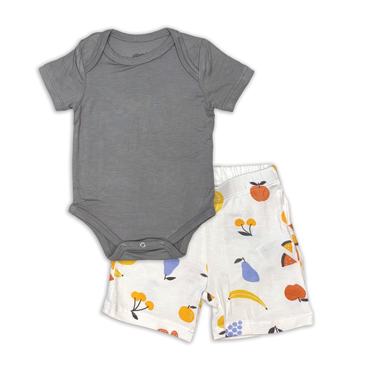 bamboo short sleeve onesie & short set pigeon fruit salad print