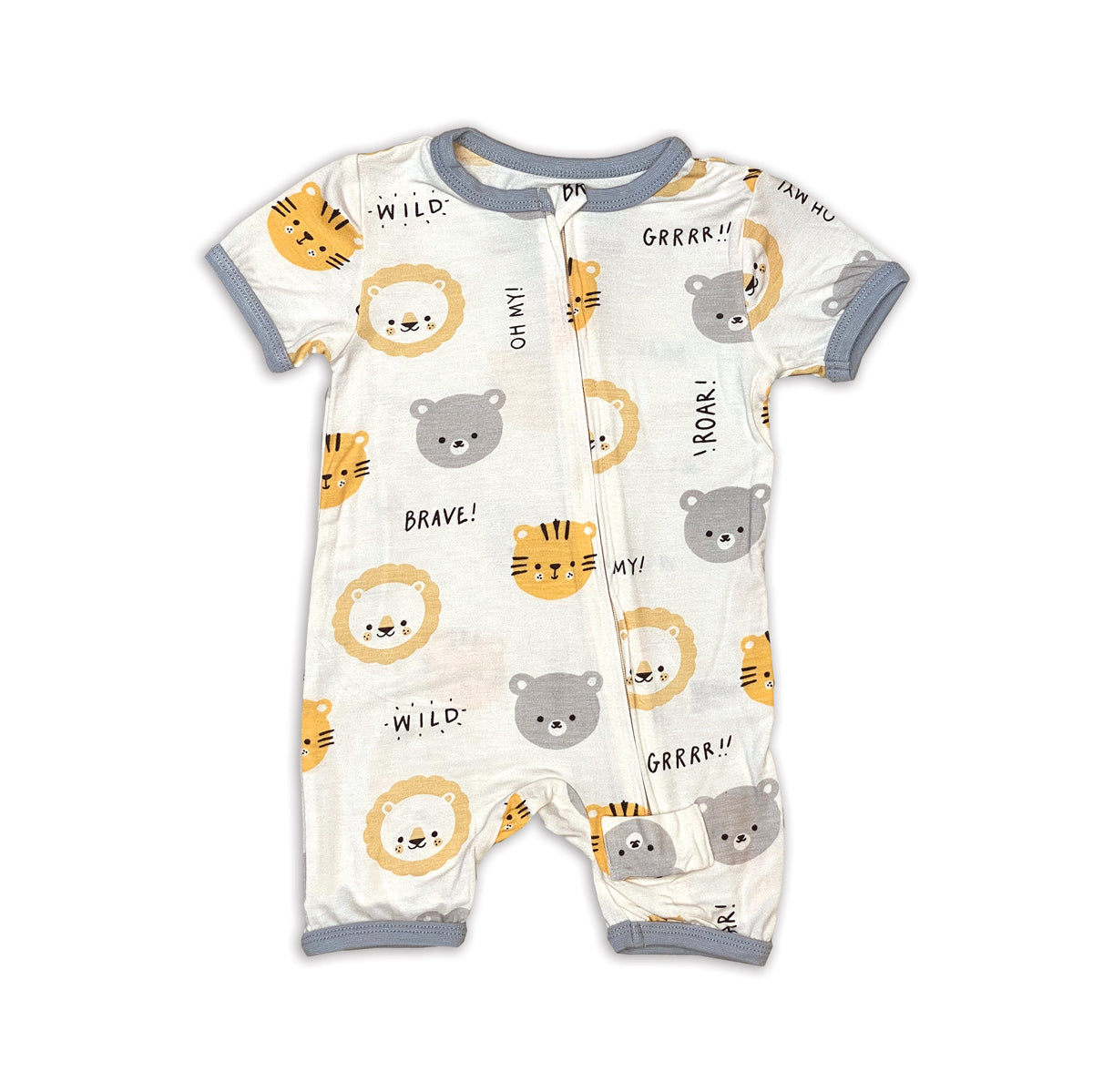 bamboo short sleeve zippy romper lion tiger bears print
