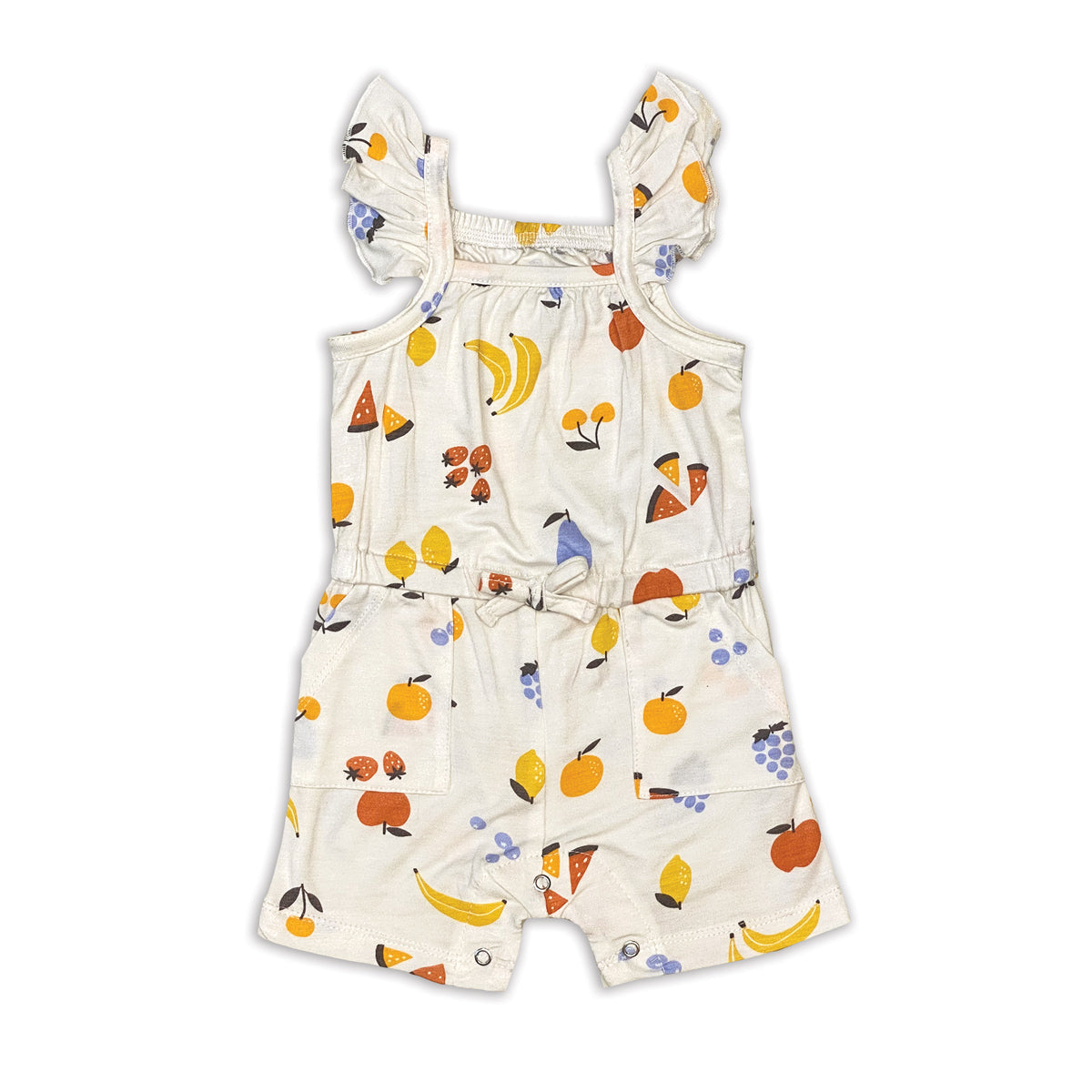 bamboo sleeveless ruffle romper fruit salad print