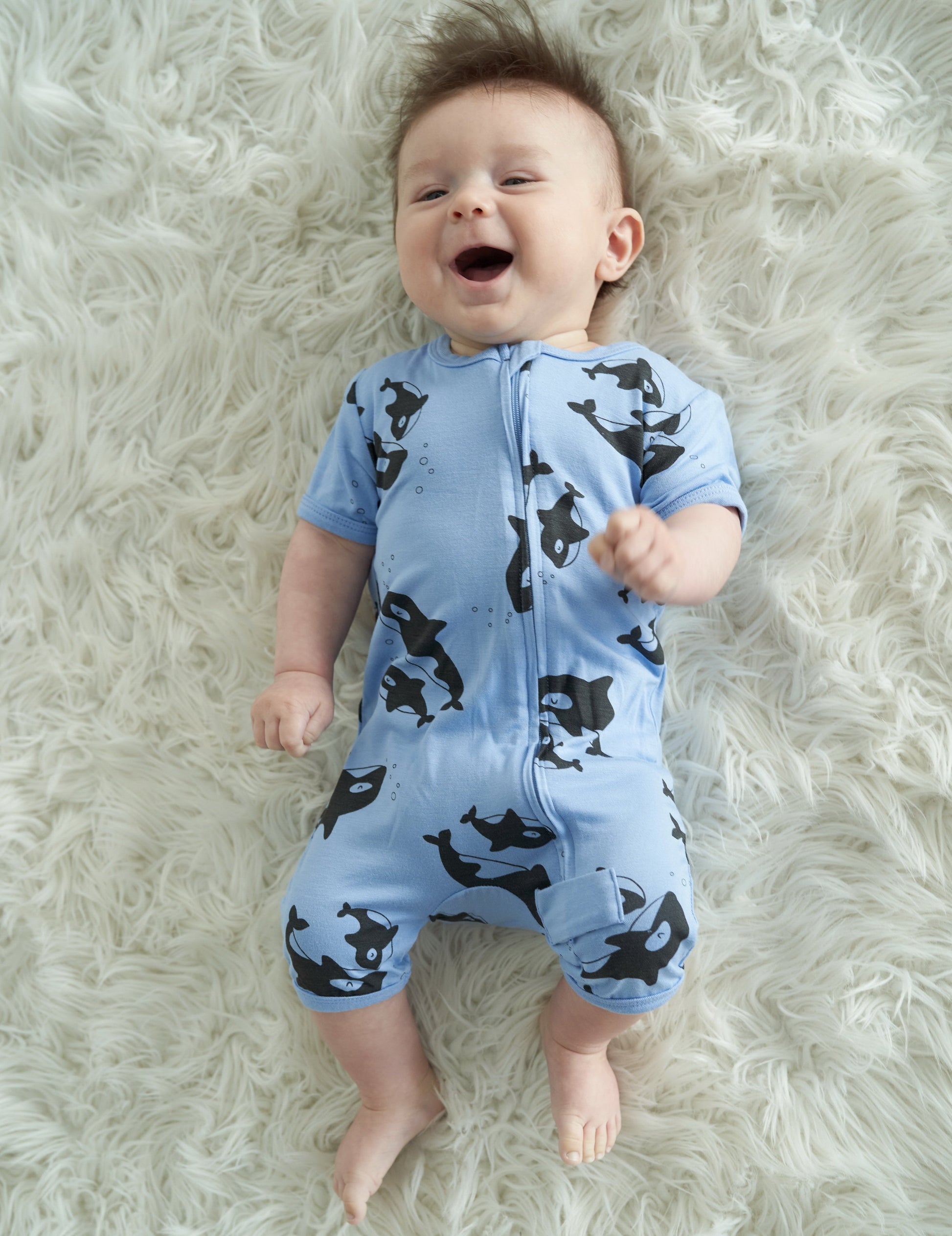 bamboo short sleeve zippy romper orca print