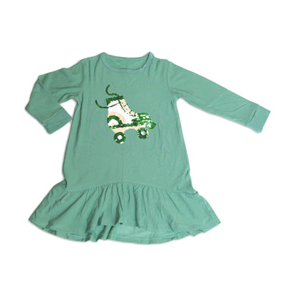 bamboo fleece dress with magic sequins, roller booties changed color